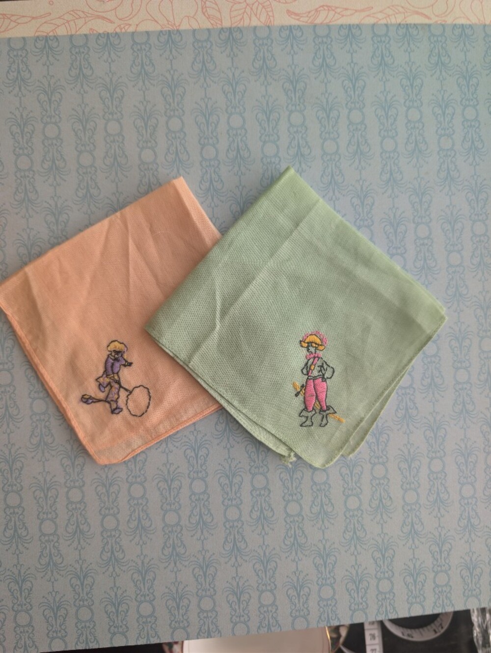 Vintage Kids Embroidered Pastel Handkerchiefs - Pink & Mint